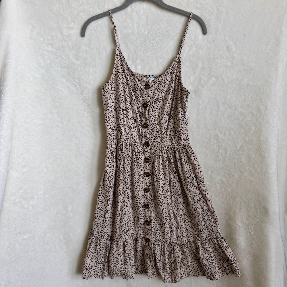 Japna Tan Leopard Print Button Front Mini Dress Size M Rayon Tiered Ruffle Hem